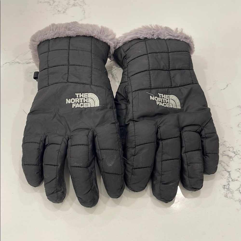 The North Face Quilted Black Mittens with Soft Gray Trim
